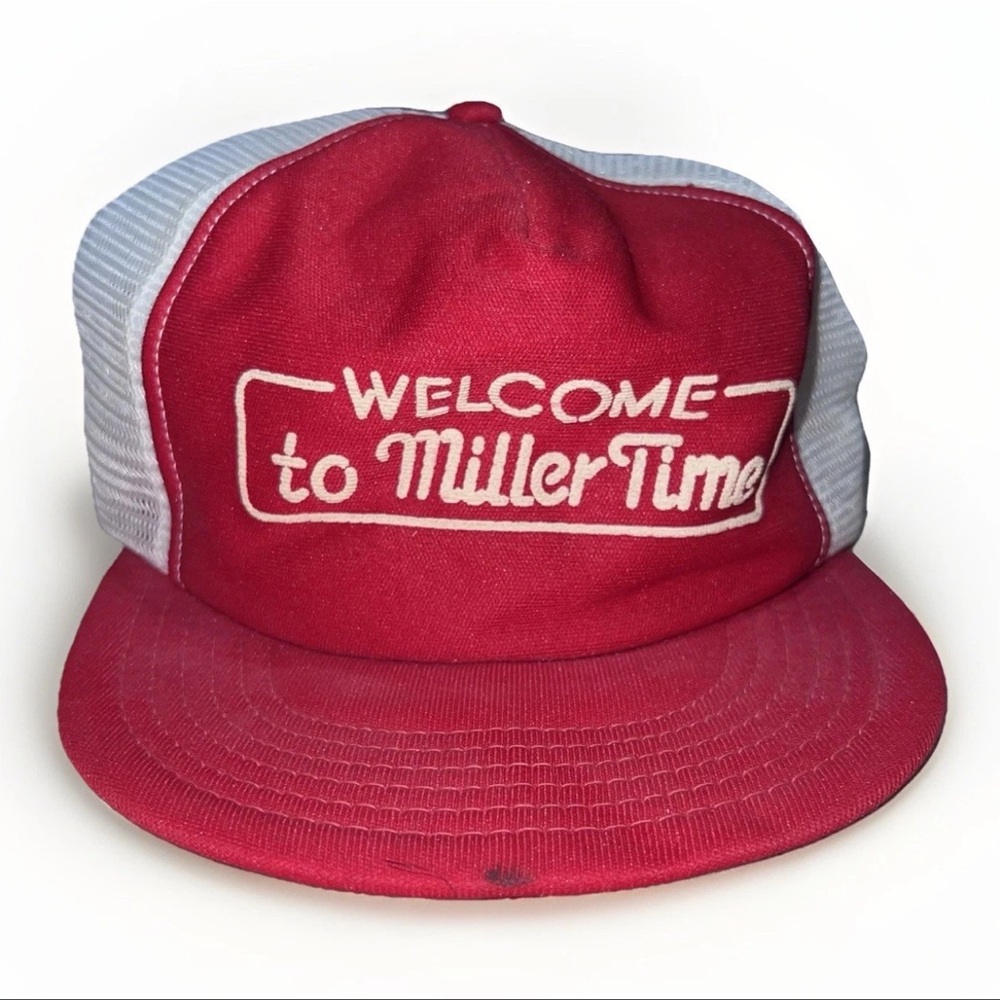 Vintage 80s "Welcome To Miller Time" Trucker Hat Cap Advertising Made In the USA